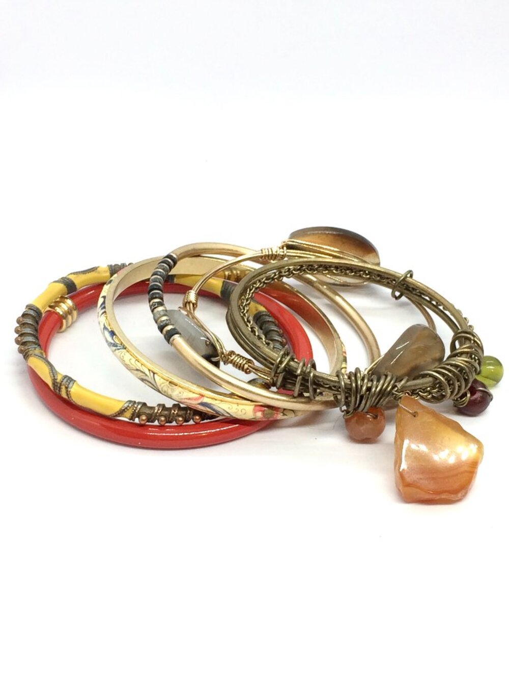 BANGLE BRACELET Lot Set of 6 Mixed Media Gold Tone Red Yellow Agate Look Boho